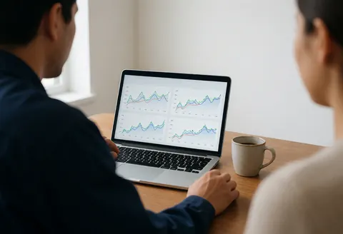 A technician examines energy data on a laptop screen next to a coffee cup on a desk with a white wall in the background.
