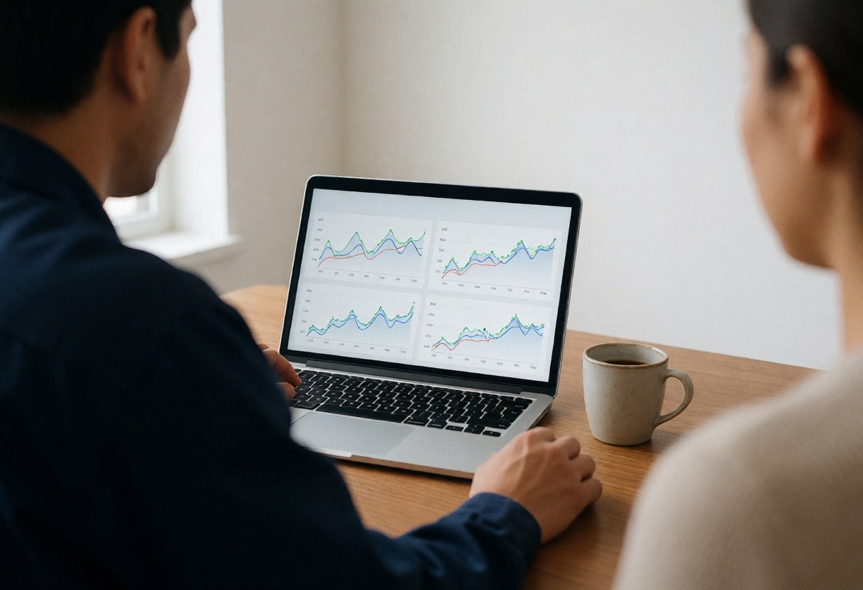 A technician examines energy data on a laptop screen next to a coffee cup on a desk with a white wall in the background.