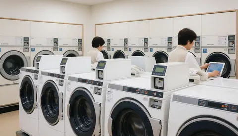 Person using a tablet in a clean laundromat with front-loading washing machines and digital screens.