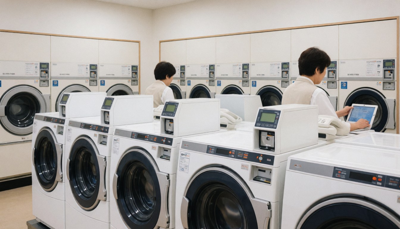 Person using a tablet in a clean laundromat with front-loading washing machines and digital screens.