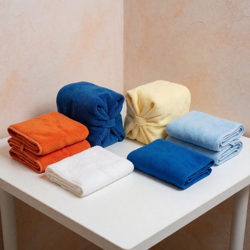 Folded colorful towels on a white table with terracotta plaster walls, ideal for spa or beauty salon product presentation