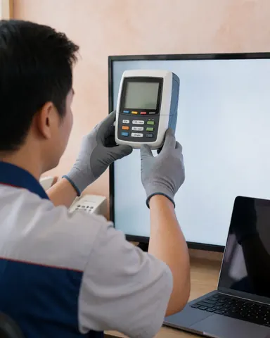 Technician using a colorimeter to calibrate a TV screen in a clean repair workshop with modern equipment.