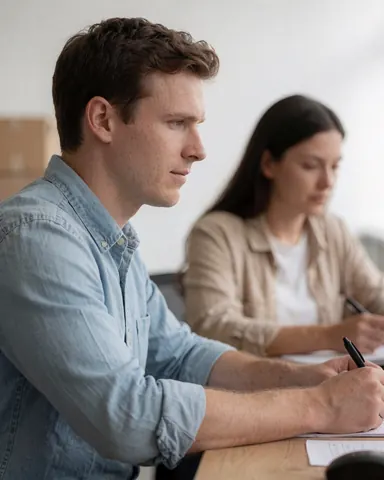 A man and woman writing on a wooden table in a bright office, suitable for a meeting or class setting