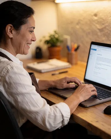 A smiling woman works on a laptop at a wooden desk with a plant and notebook in a cozy workspace.