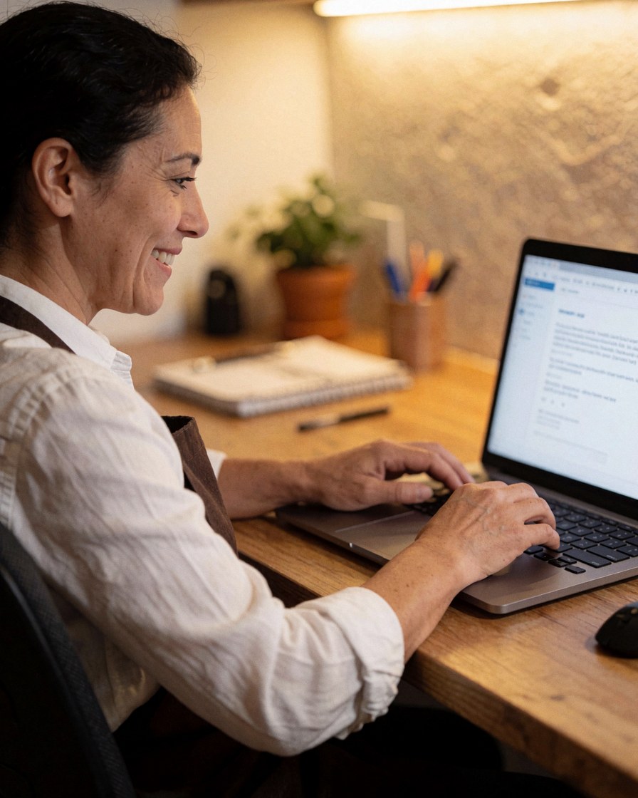 A smiling woman works on a laptop at a wooden desk with a plant and notebook in a cozy workspace.