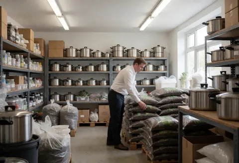 A man organizes bags of soil in a warehouse with metal pot shelves, fluorescent lights, and a window with natural light.