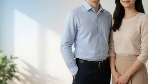 Two formally dressed adults standing in a bright office space with natural lighting and empty copy space on the left side