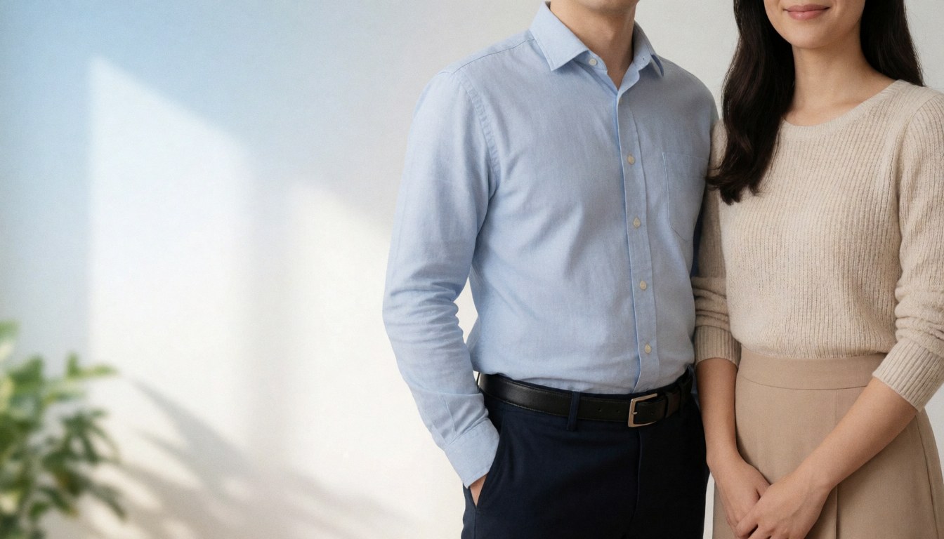 Two formally dressed adults standing in a bright office space with natural lighting and empty copy space on the left side