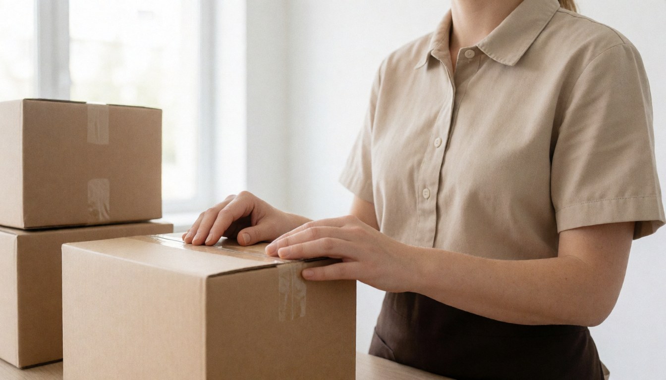 A person sealing a cardboard box with tape in a bright office, suitable for logistics and delivery service imagery.
