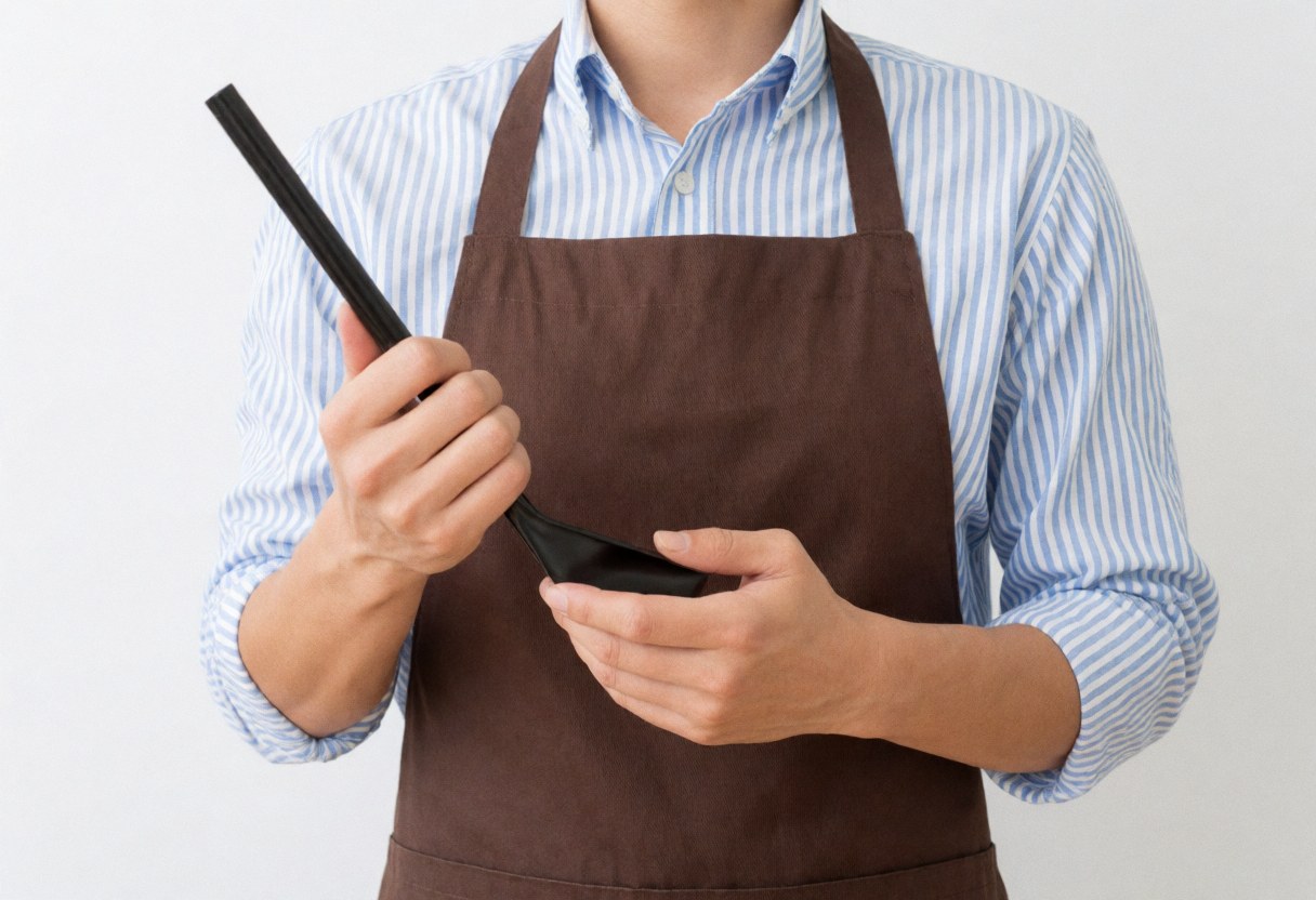 A person wearing a striped shirt and apron holding a kitchen spoon against a white background.