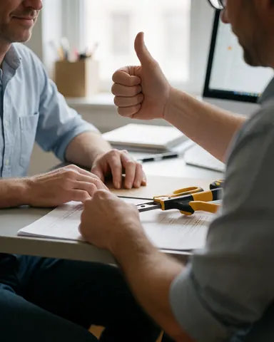 A man in an office setting gives a thumbs up gesture while seated at a desk with a computer and tools nearby.