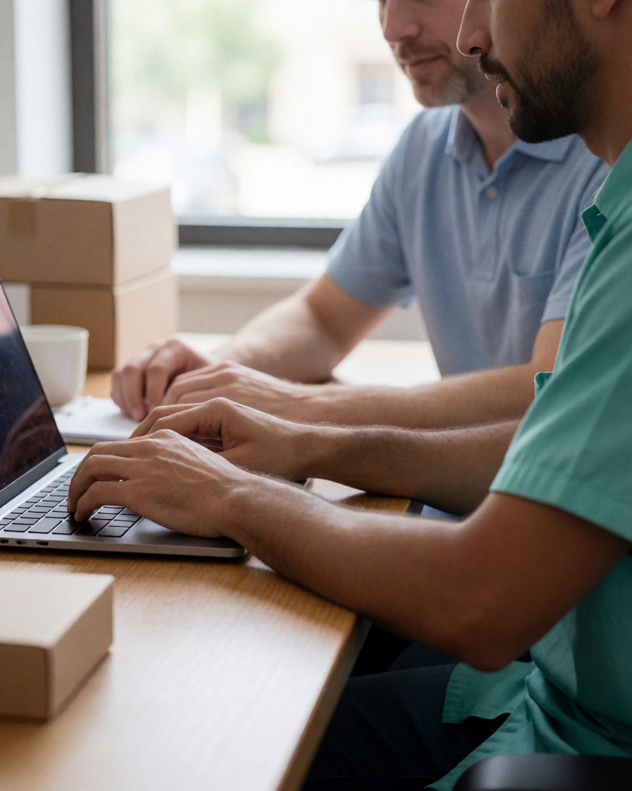 Two men working together on a laptop placed on a wooden table surrounded by shipping boxes in a naturally lit office setting