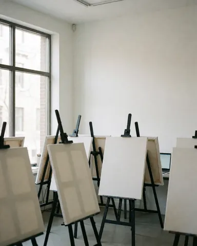 Bright painting studio featuring multiple easels with white canvases, white walls, and natural light from large windows.