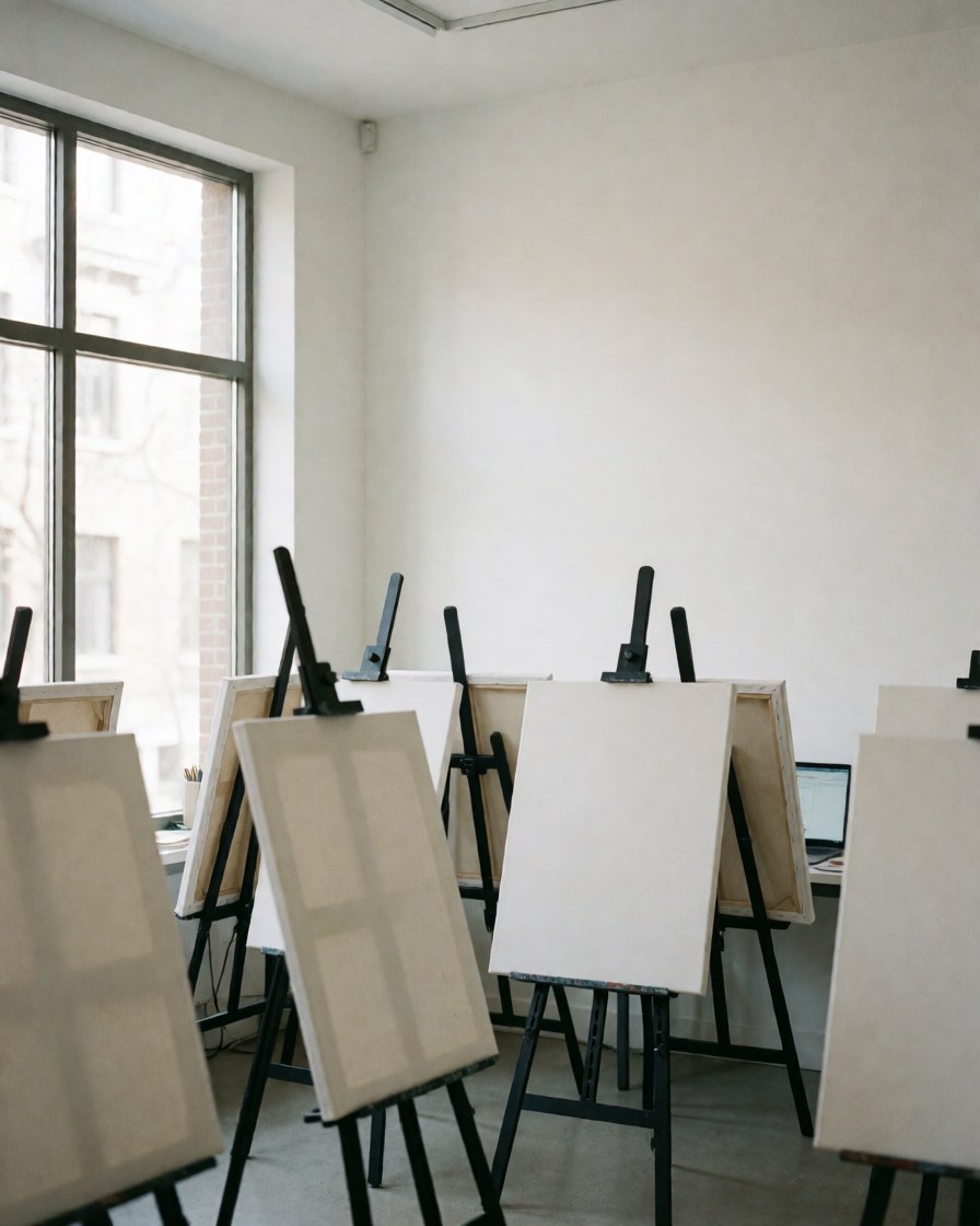 Bright painting studio featuring multiple easels with white canvases, white walls, and natural light from large windows.
