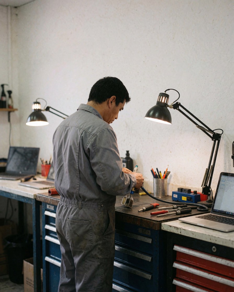 Mechanic using tools in a workshop with focused lighting to show attention to detail during motorcycle repair work.