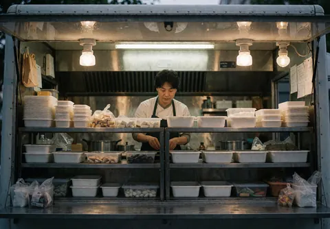 Chef arranging white containers under warm lighting inside a food truck with organized metal shelves