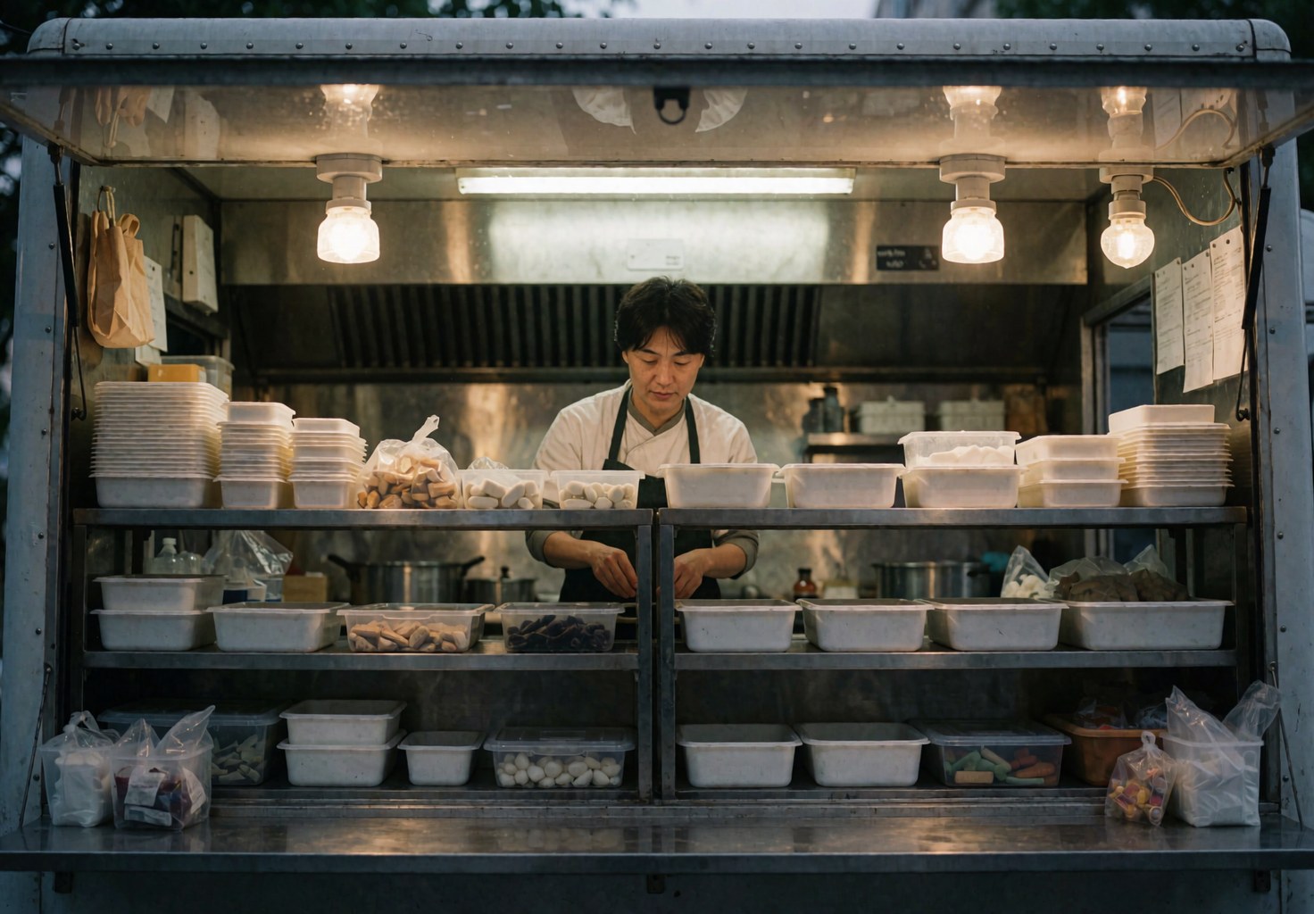 Chef arranging white containers under warm lighting inside a food truck with organized metal shelves