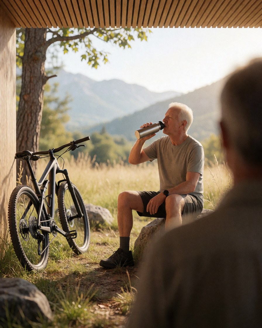 A mountain biker drinks from a water bottle while resting on a rock in a forest clearing with his bike nearby