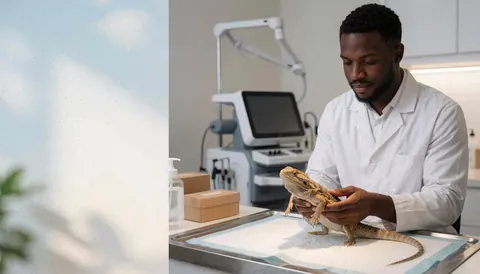 A veterinarian examines a bearded dragon in a modern clinic with medical equipment and natural light.