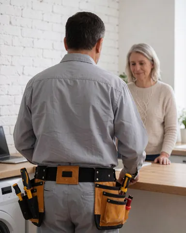 Stove repair technician wearing a tool belt walks toward a female customer in a kitchen with a white brick wall.
