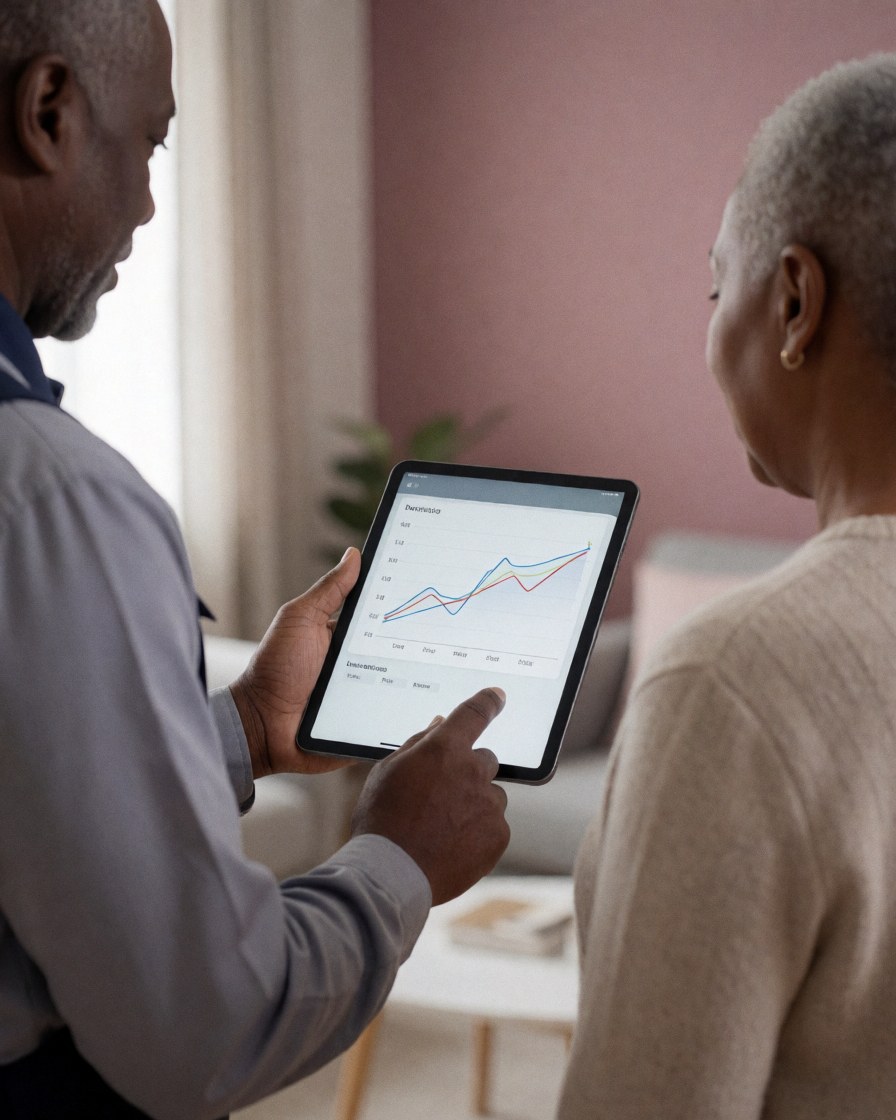 Technician displays a leak detection graph on a tablet for a client in a living room with pink walls and repair tools visible.