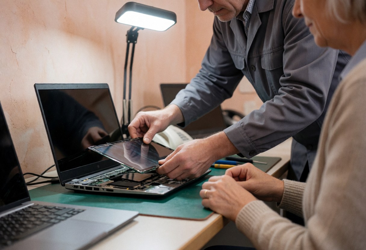 Technician repairing laptop screen with tools while customer observes in workshop