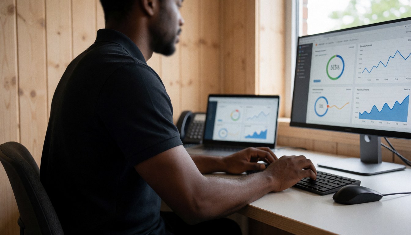 Cycling coach reviewing performance data on a computer screen with graphs in a modern office with wooden walls and natural light