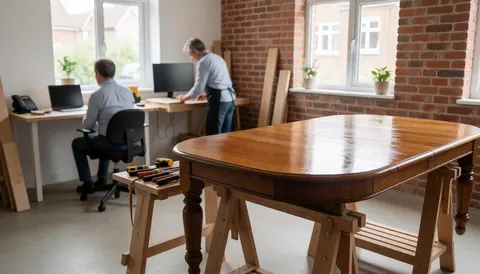 Restored wooden table on sawhorses in a workshop with brick walls and natural light, ideal for furniture repair business.