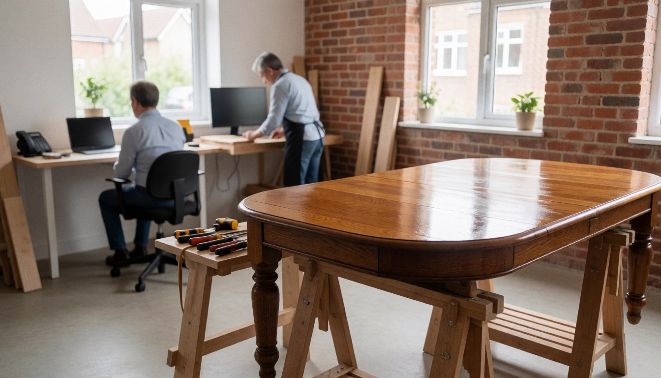 Restored wooden table on sawhorses in a workshop with brick walls and natural light, ideal for furniture repair business.