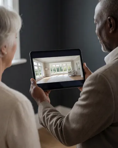 Back view of a satisfied client checking a panoramic photo on a tablet against gray walls in an open interior space with natural light