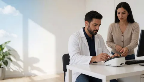 A doctor in a white coat uses optical equipment in a modern clinic with natural light and a white wall