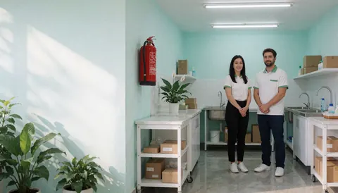 Two cleaning professionals in uniform stand in a commercial facility with turquoise walls, stainless steel sinks, and white utility carts.