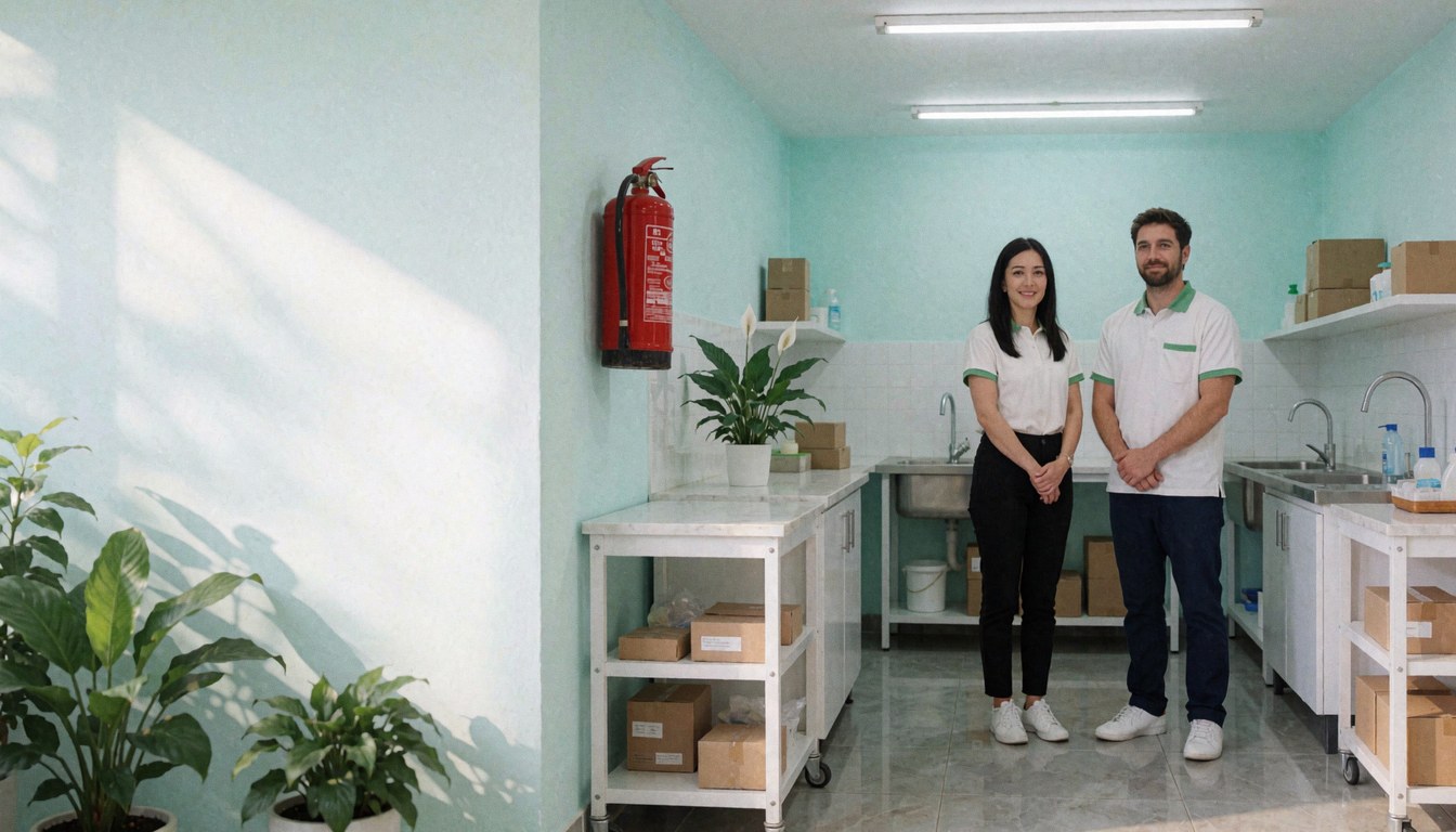Two cleaning professionals in uniform stand in a commercial facility with turquoise walls, stainless steel sinks, and white utility carts.