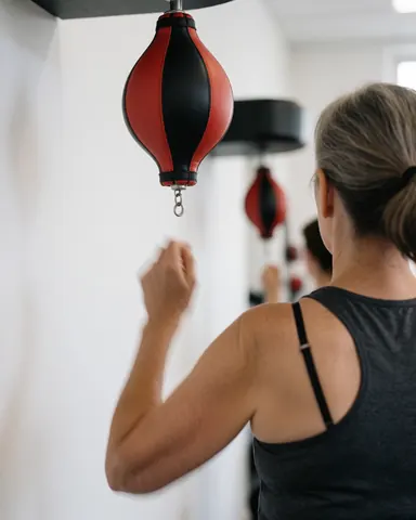 Woman training with a red and black punching bag in a gym with white walls, showing dynamic and professional action.