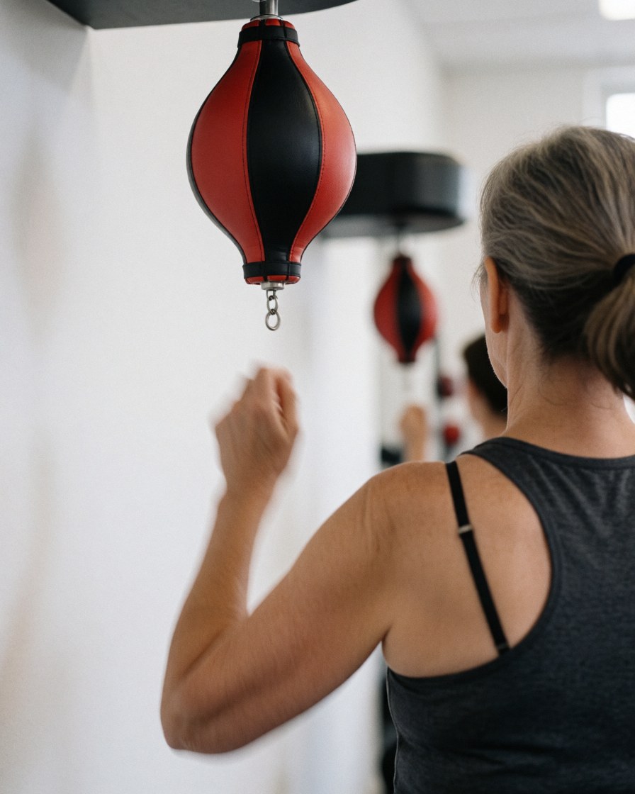 Woman training with a red and black punching bag in a gym with white walls, showing dynamic and professional action.