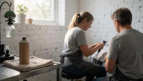 Professional hairdresser working on a client's hair in a bright salon with white brick walls and fresh towels.
