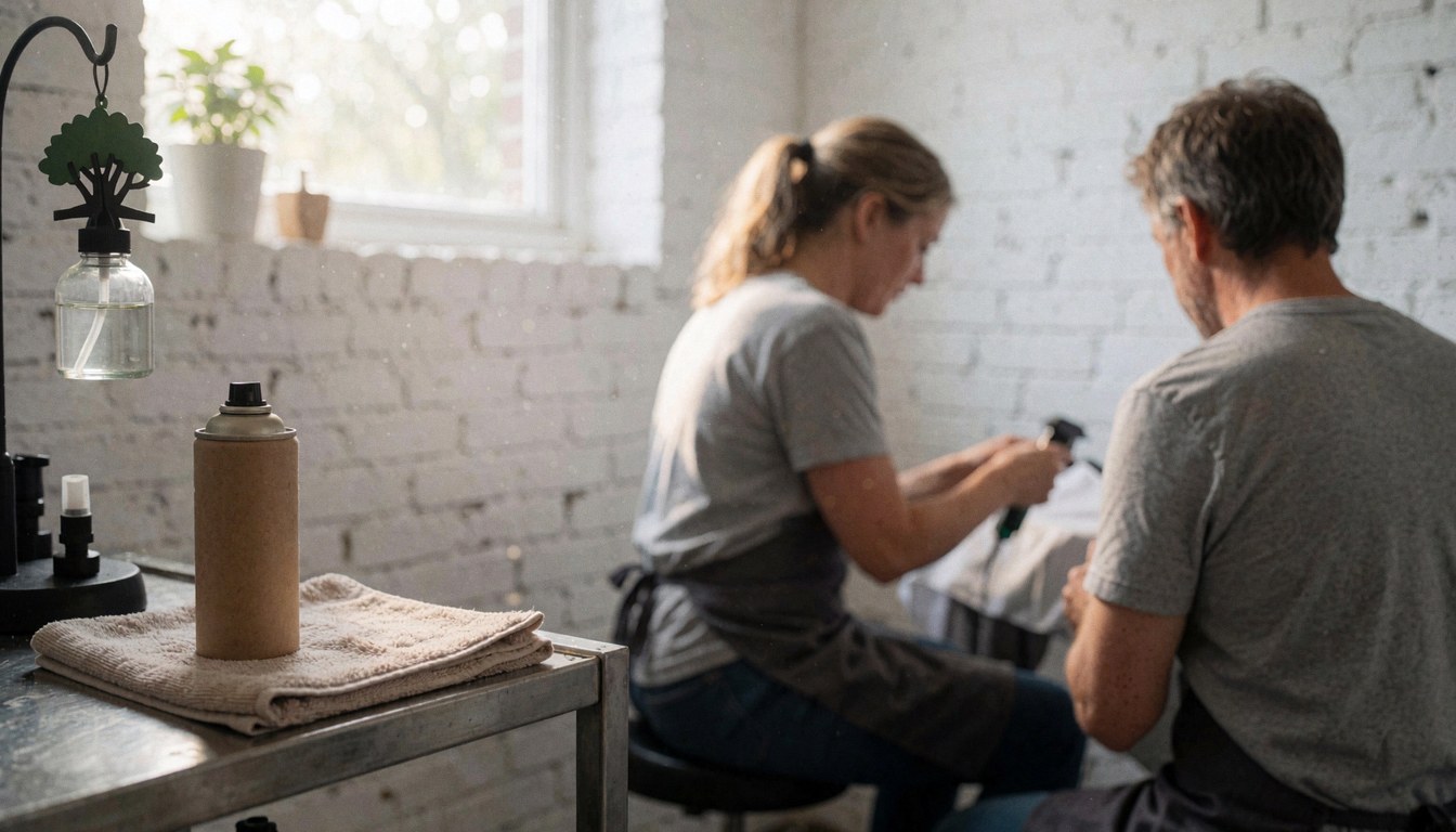 Professional hairdresser working on a client's hair in a bright salon with white brick walls and fresh towels.