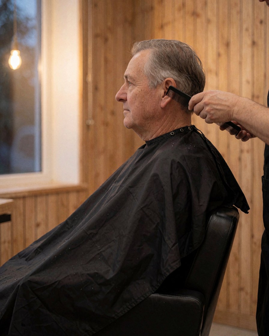 An older man sits in a salon chair wearing a black cape while a barber combs his hair in a warm, wood-paneled room.