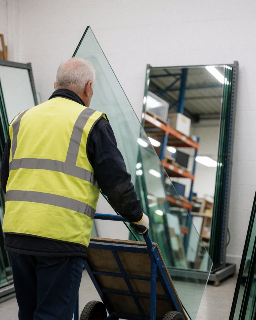 A glazier transports a large glass panel on a hand truck through a warehouse filled with mirrors and shelving units.