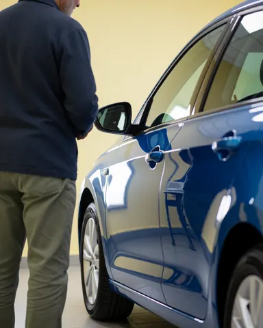 A satisfied customer inspects the glossy finish of a freshly painted blue vehicle in an auto body shop with cream-colored walls