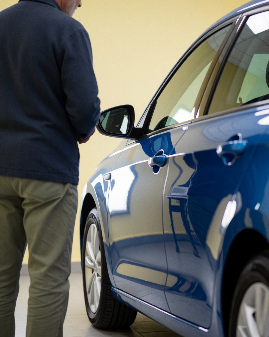 A satisfied customer inspects the glossy finish of a freshly painted blue vehicle in an auto body shop with cream-colored walls