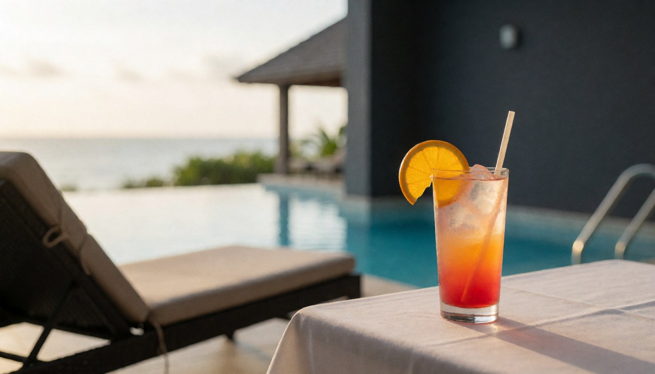 Colorful cocktail with an orange slice on a white table near a lounge chair and pool with a sea view, ideal for a resort.