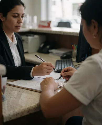 An administrator and client signing a document at a reception desk with a computer and forms visible on the table.