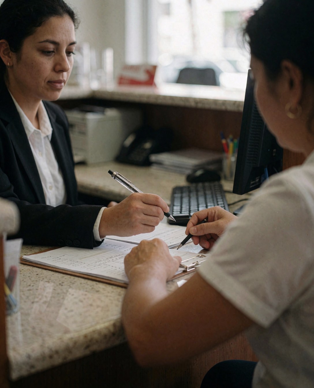 An administrator and client signing a document at a reception desk with a computer and forms visible on the table.