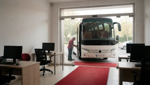 A person opens the door of a white tour bus inside an office with a red carpet and desks, showcasing transport service.