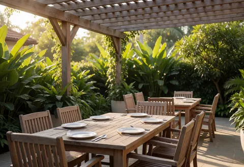 Outdoor patio featuring a wooden table and chairs under a pergola, surrounded by tropical vegetation and stone flooring with sunset lights.