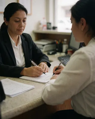 Two women signing documents at an office desk with a computer and papers visible on the surface