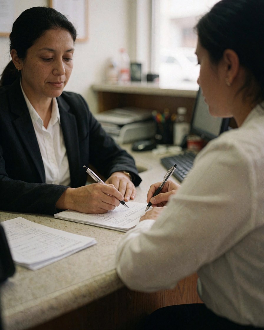 Two women signing documents at an office desk with a computer and papers visible on the surface