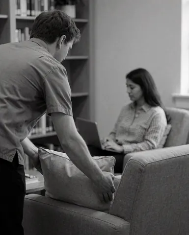 A woman uses a laptop in a calm reading area with bookshelves, gray walls, and comfortable seating.