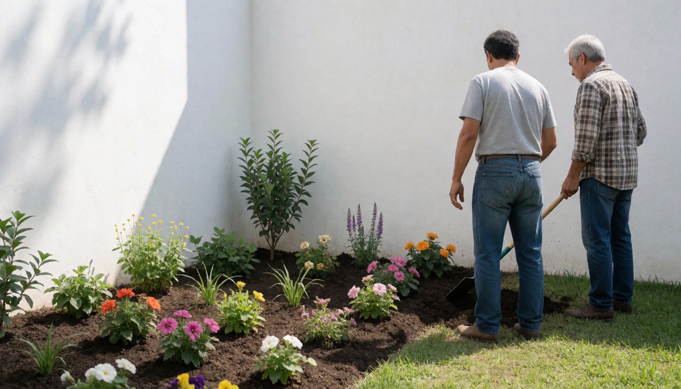Two gardeners planting colorful flowers in a garden with a white wall, showcasing professional gardening services in action.